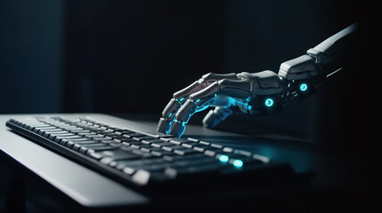 Metallic hand emerging from laptop screen and working on computer keyboard. Generative AI