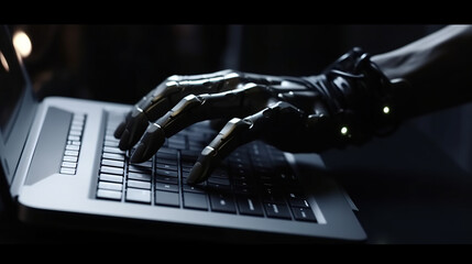 Metallic hand working on computer with bright light. Generative AI