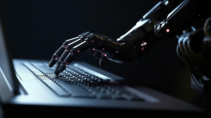 Robot hand typing on laptop with light background and sci-fi concept. Generative AI