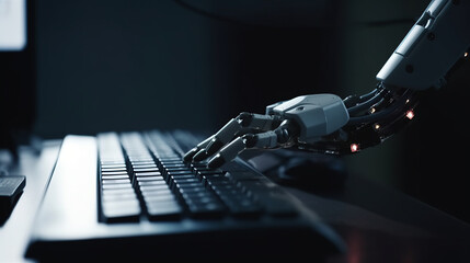 Cybernetic hand and laptop keyboard with bright light and fantasy effect. Generative AI