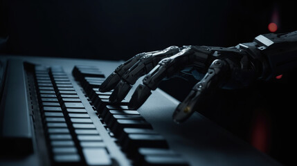 Robot hand and laptop keyboard with selective focus and cinematic effect. Generative AI