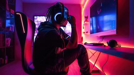 Online gamer man in neon room with big screen. Generative AI