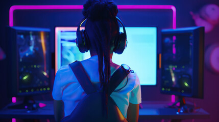 Beautiful Afro-American teenager working on PC in colorful neon environment. Generative AI