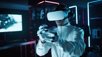 Neon-lit VR gaming in a sleek environment. Generative AI