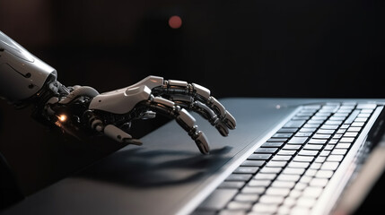 Futuristic concept: cybernetic hand emerging from laptop screen. Generative AI