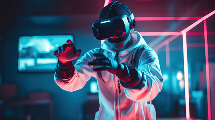 Futuristic gamer with VR gear and neon accents. Generative AI