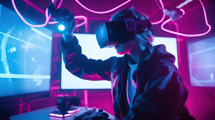 Gamer in futuristic VR setup with neon lights. Generative AI