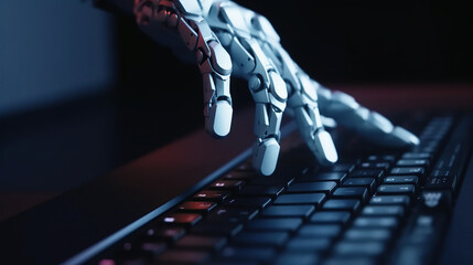 Robot hand and laptop keyboard with bright light and selective focus. Generative AI