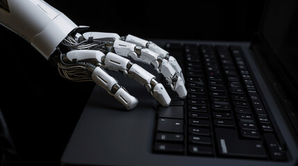 Fantasy illustration of metallic hand working on computer keyboard. Generative AI