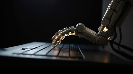 Sci-fi scene of metallic hand printing on computer keyboard. Generative AI