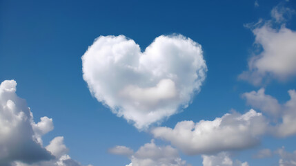 Naklejka na ściany i meble A heart-shaped cloud set against a brilliant blue sky symbolizes love and romance, perfect for celebrating Valentine's Day, wedding. Sign of heaven. Abstract love. Fluffy white clouds. Generative AI.