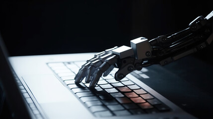 Cybernetic hand emerging from laptop screen and typing. Generative AI