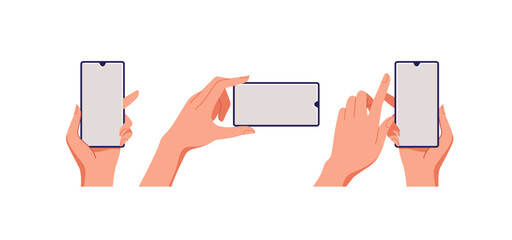	
Female hand holding smartphone, empty screen, phone mockup, application on touch screen device. Vector illustration.