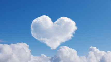 Naklejka na ściany i meble A heart-shaped cloud set against a brilliant blue sky symbolizes love and romance, perfect for celebrating Valentine's Day, wedding. Sign of heaven. Abstract love. Fluffy white clouds. Generative AI.