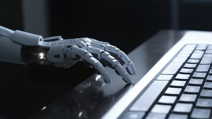 Robot hand typing on laptop keyboard. Generative AI