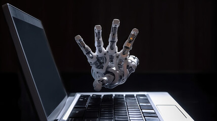 Futuristic robot hand working on laptop with bright light. Generative AI