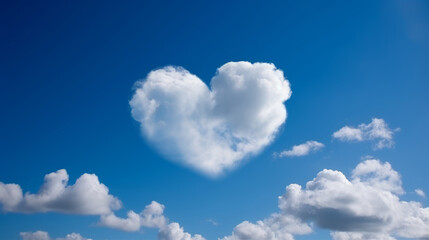 Fototapeta na wymiar A heart-shaped cloud set against a brilliant blue sky symbolizes love and romance, perfect for celebrating Valentine's Day, wedding. Sign of heaven. Abstract love. Fluffy white clouds. Generative AI.