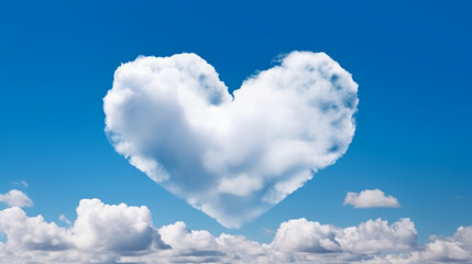 Obraz na płótnie Canvas A heart-shaped cloud set against a brilliant blue sky symbolizes love and romance, perfect for celebrating Valentine's Day, wedding. Sign of heaven. Abstract love. Fluffy white clouds. Generative AI.