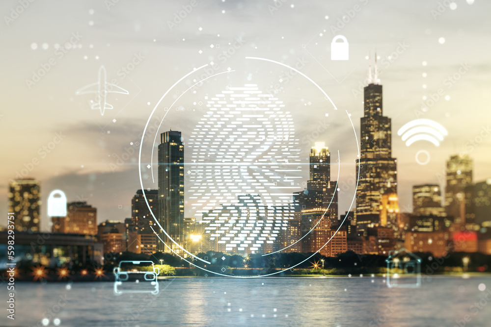 Aufkleber Multi exposure of virtual fingerprint scan interface on Chicago office buildings background, digital access concept