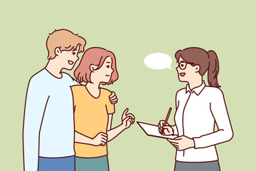 Couple takes social survey answering interviewer questions and evaluating quality of services provided. Woman conducts social research by interviewing passers-by and writing data in Generative AI