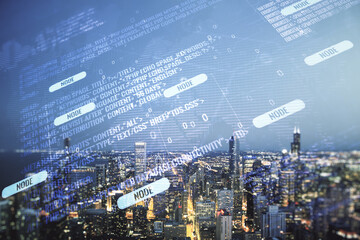 Abstract virtual coding concept and world map hologram on Chicago skyline background. Multiexposure