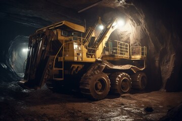 Fototapeta na wymiar Mining machine excavates for gold in a mineral tunnel below ground. Generative AI
