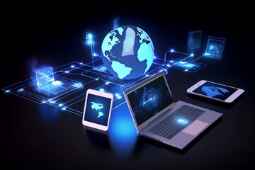Fototapeta premium tech devices and icons connected to digital planet earth, communication concept, business network, business concept, laptop and globe, global communication concept, Generative AI
