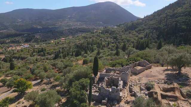 Far reaching mountain valley view from Odysseus palace ruins in Ithaka Greece