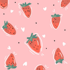 Erdbeeren Muster - Erdbeeren und Herzen illustriert, rosa Hintergrund, Sommer