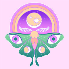 Magic mystery art concept of Luna Moth. Magical boho illustration. Moon Moth, stars, rainbow. Abstract contemporary aesthetic background.