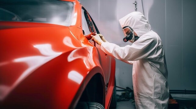 Person Spray Painting Car in Red Color in Special White Painting Box, Wearing Protective Gear. Generative ai