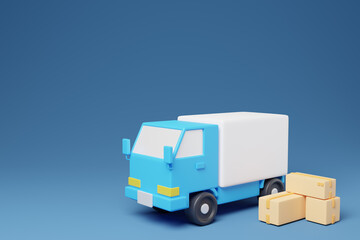 Home delivery blue truck and package blue background 3d render