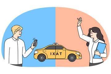 Diverse people order taxi in various ways. Man call cab on cellphone app, woman catch car on street. Private transportation concept. City traffic. Flat vector illustration. Generative AI