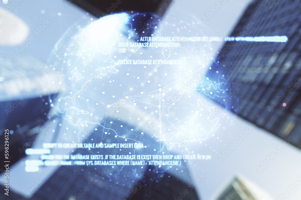 Poster multi exposure of abstract programming language hologram and world map on blurry cityscape backgroun