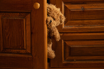 A teddy brown bear peeks out of the door of a wooden wardrobe in the bedroom as a background, furniture