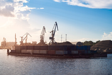 Fototapeta na wymiar Cargo port on Amur river. Blagoveshchensk