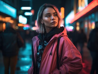 Fototapeta premium An Influencer Female Model Strolling Down a Busy City Street During Night Time created with Generative AI technology