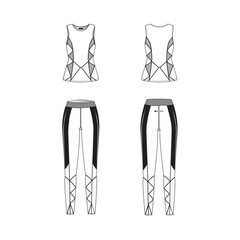Womens sport set technical CAD mockup, fashion illustration tank top and long pants template, front and back view