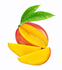 Mango exotic friut three quarters with green leaf and two slice