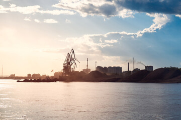 Fototapeta na wymiar Cargo port on Amur river. Blagoveshchensk