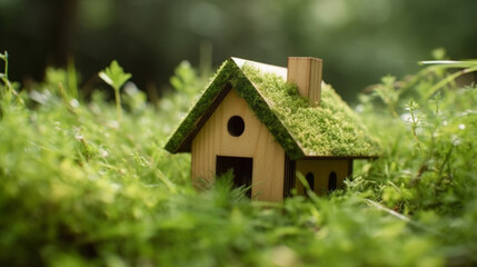 Obraz na płótnie Canvas A charming wooden miniature house surrounded by lush greenery showcases an eco-friendly lifestyle, emphasizing the importance of sustainable living and environmental consciousness. Generative AI.