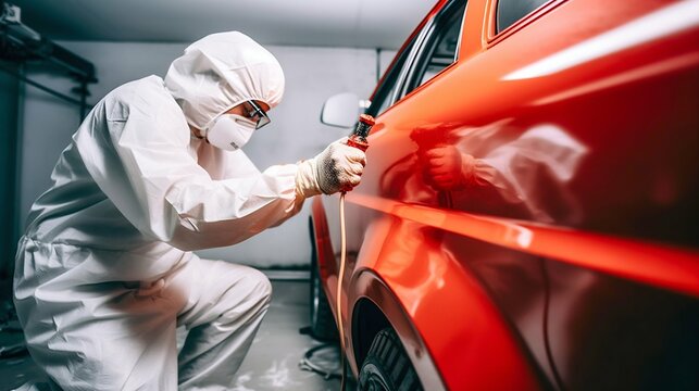 Person Spray Painting Car in Red Color in Special White Painting Box, Wearing Protective Gear. Generative ai