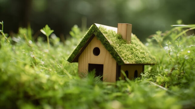 A charming wooden miniature house surrounded by lush greenery showcases an eco-friendly lifestyle, emphasizing the importance of sustainable living and environmental consciousness. Generative AI.