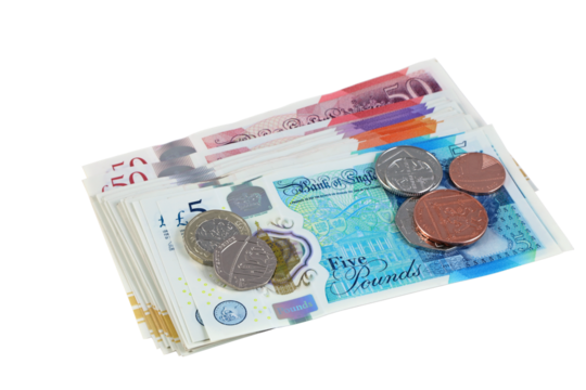 Isolated sterling uk pound notes and coins.