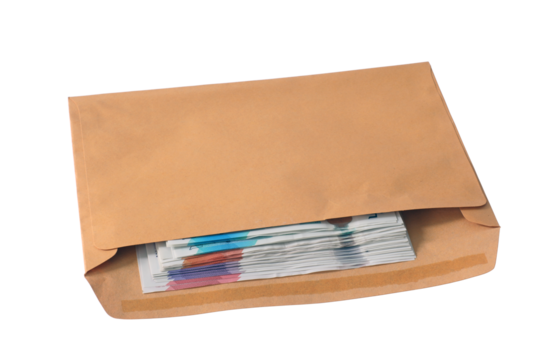 Isolated brown envelope with uk sterling notes.