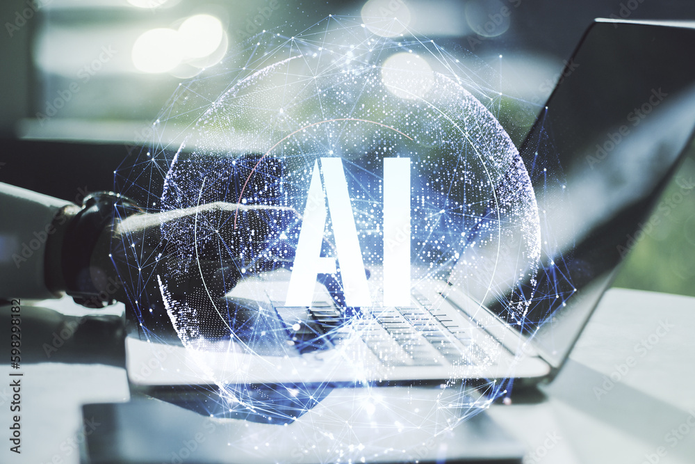 Poster creative artificial intelligence symbol concept with hands typing on computer keyboard on background