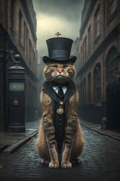 Victorian cat with a top hat posing on the streets of old London. Generative AI