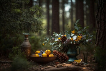 power of the mind and psychic waves. forest to enhance the spiritual aspect. sense of calm and connection with nature. warm tones of the spiritual objects and lighting in the foreground. Ai