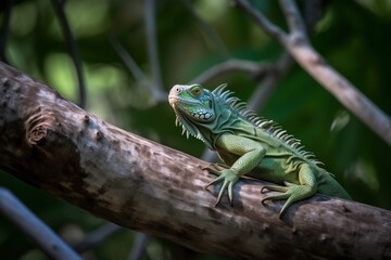 Green iguana perched on a tree branc