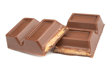 Chocolate bar blocks pieces isolated on the white. clipping path